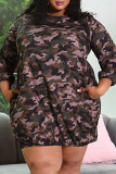 Camouflage Fashion Casual Plus Size Camouflage Print Basic O-Neck Langarmkleid
