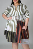 Brown Fashion Plus Size Striped Print Patchwork Turndown Collar Shirt Dress (Without Belt)