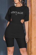 Black Fashion Letter Hollowed Out O Neck Short Sleeve Two Pieces