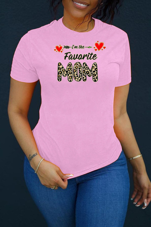ピンクファッションカジュアルプリントベーシックOネックTシャツ