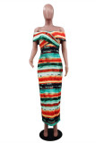 Colour Fashion Sexy Print Backless Slit Off the Shoulder Short Sleeve Dress
