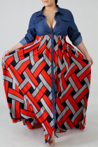 Vestido de manga corta con cuello vuelto y patchwork con estampado de talla grande de moda rojo