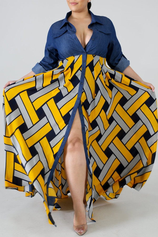 イエロー ファッション プラス サイズ プリント パッチワーク ターンダウン カラー半袖ドレス