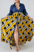 Gele mode plus maat print patchwork turndown kraag korte mouw jurk
