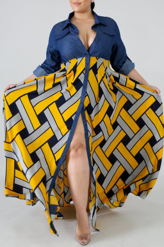 Robe jaune à manches courtes et col rabattu en patchwork imprimé de grande taille à la mode