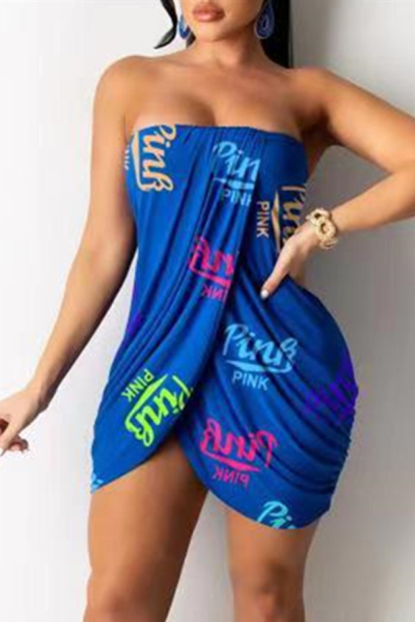 Vestido sin mangas sin espalda con estampado de letras sexy de moda azul real