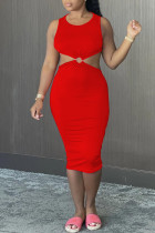 Красное сексуальное повседневное однотонное платье-жилет с вырезом на спине и круглым вырезом