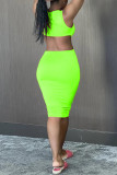 Флуоресцентное зеленое сексуальное повседневное твердое платье-жилет с вырезом на спине и круглым вырезом