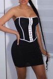 Zwarte mode sexy patchwork backless strapless mouwloze jurk