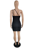 Black Fashion Sexy Solid Backless One Shoulder Sleeveless Dress