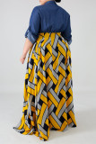 Vestido manga corta con cuello vuelto y patchwork con estampado de talla grande a la moda amarillo
