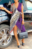 Borgonha moda casual estampa patchwork decote em V vestido irregular