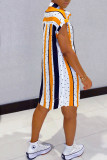 スカイブルー ファッション カジュアル ストライプ プリント ベーシック ターンダウン カラー シャツドレス