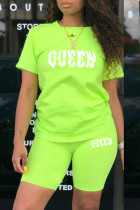 Fluorescent Green Casual Letter Patchwork O Neck Short Sleeve Two Pieces