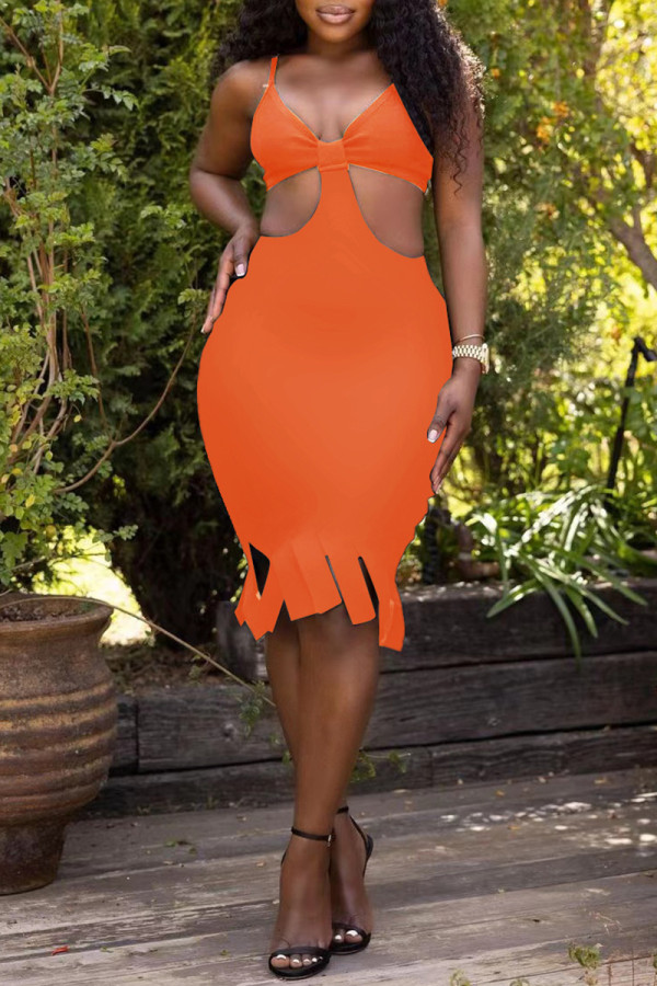 Orange Fashion Sexy Solid Quaste Backless Spaghetti Strap Ärmelloses Kleid