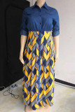 Yellow Fashion Plus Size Print Patchwork Turndown Collar Short Sleeve Dress