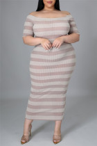 Kaki mode casual gestreepte print backless off-shoulder jurk met korte mouwen plus size jurken