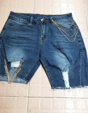 Pantalones cortos de mezclilla pitillo de cintura media con cadenas de patchwork de calle azul oscuro