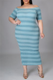 Kaki Fashion Casual Striped Print Backless Off The épaule Robe à manches courtes Robes de grande taille