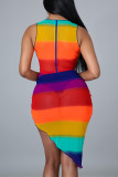 Rainbow Color Fashion Sexy Print Hollowed Out O Neck Sleeveless Two Pieces