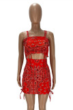 Rose Red Fashion Sexy Print Backless Spaghetti Strap Sleeveless Two Pieces