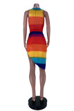 Rainbow Color Fashion Sexy Print Hollowed Out O Neck Sleeveless Two Pieces