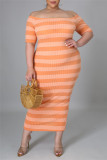 オレンジ ファッション カジュアル ストライプ プリント バックレス オフ ショルダー ショート スリーブ ドレス プラス サイズ ドレス