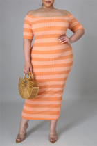 Orange mode avslappnat randigt tryck rygglöst off the shoulder kortärmad klänning Plus size klänningar