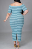 Vestido de manga corta con hombros descubiertos sin espalda con estampado de rayas casual de color caqui Vestidos de talla grande