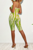 Green Sexy Print Patchwork Spaghetti Strap Skinny Rompers