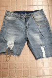 Donkerblauwe Street Patchwork Chains Skinny Denim Shorts met halfhoge taille