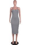 Black And White Sexy Print Backless Halter Pencil Skirt Dresses