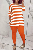 Tangerine Red Casual Striped Patchwork O Neck Half Sleeve Two Pieces