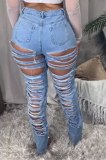 Lichte kleur patchwork gescheurde normale denim jeans met hoge taille