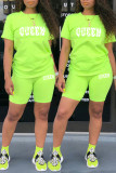 Fluorescent Green Casual Letter Patchwork O Neck Short Sleeve Two Pieces