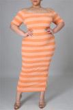 Orange, modisch, lässig, gestreift, rückenfrei, schulterfrei, kurzärmliges Kleid, Kleider in Übergröße