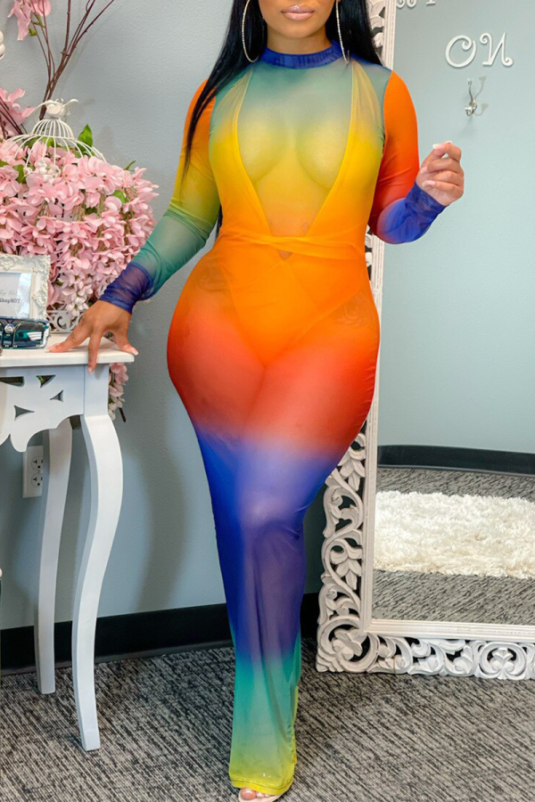 Vestidos de saia lápis de meia gola alta com estampa sexy em cor arco-íris