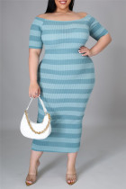 Lichtblauwe mode casual gestreepte print backless off-shoulder jurk met korte mouwen plus size jurken