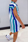 ディープブルーファッションカジュアルストライププリントベーシックターンダウンカラーシャツドレス