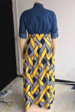 イエロー ファッション プラス サイズ プリント パッチワーク ターンダウン カラー半袖ドレス