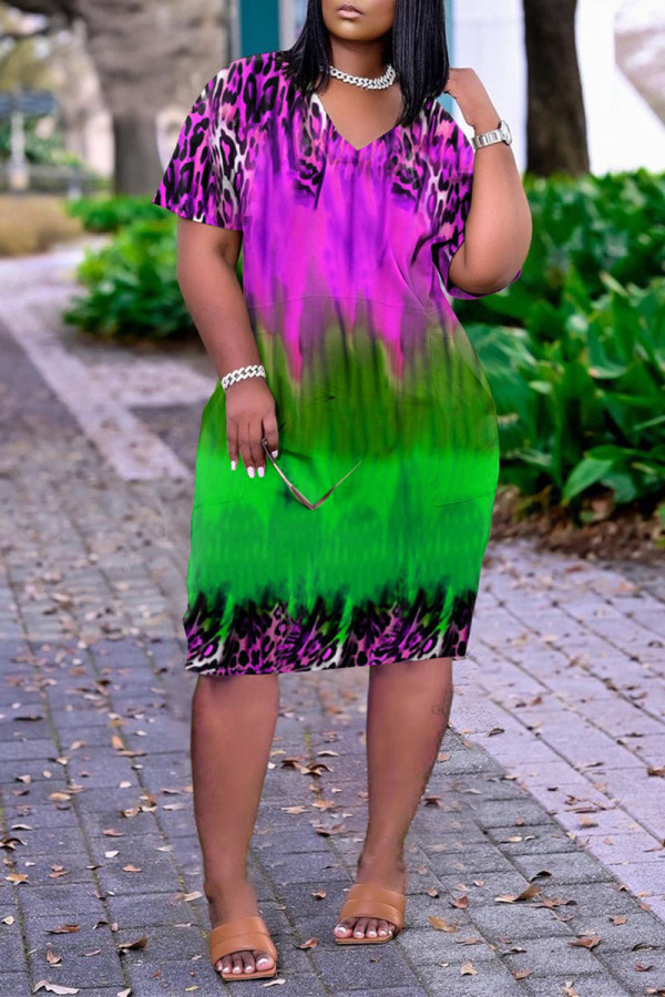 Lila Mode Casual Print Basic V-ringad kortärmad klänning
