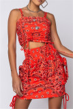 Rose Red Fashion Sexy Print Backless Spaghetti Strap sans manches deux pièces