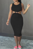 Schwarzes, sexy, lässiges, solides, ausgehöhltes, rückenfreies Weste-Kleid mit O-Ausschnitt