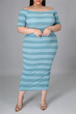 Vestido de manga corta con hombros descubiertos y estampado de rayas casual de moda azul claro Vestidos de talla grande