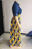 Yellow Fashion Plus Size Print Patchwork Turndown Collar Short Sleeve Dress