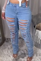 Jeans in denim normale a vita alta strappati con patchwork di colore chiaro