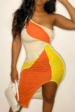 Оранжевое модное сексуальное лоскутное платье без рукавов с открытой спиной на одно плечо