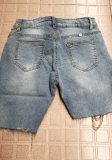 Donkerblauwe Street Patchwork Chains Skinny Denim Shorts met halfhoge taille