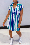 ディープブルーファッションカジュアルストライププリントベーシックターンダウンカラーシャツドレス