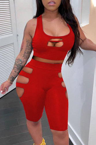 Red Sexy Casual Solid Hollowed Out U Neck Sleeveless Two Pieces